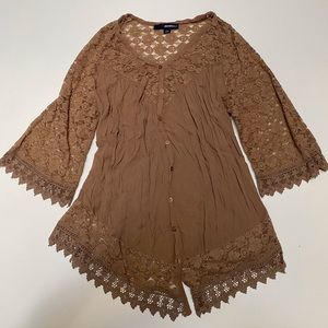 Denim 24/7 Lace Crochet V-Neck Button Front Blouse